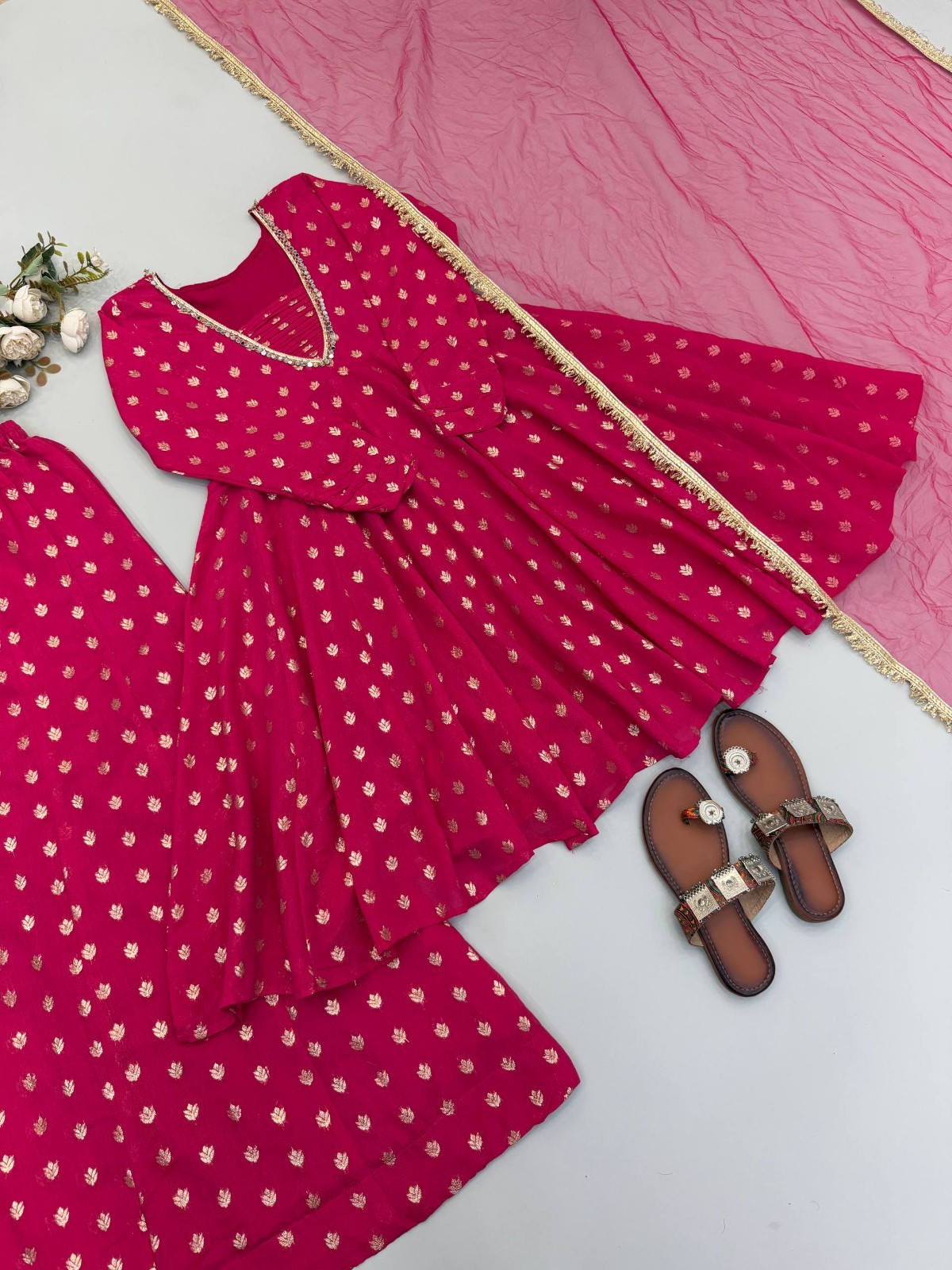 Stylish Jacquard Chanderi Pink Kurta Palazzo With Dupatta For Traditional Wear