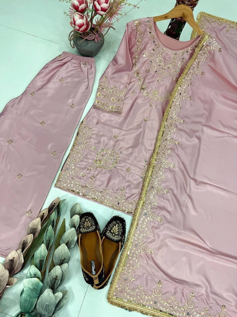 Attractive Natural Silk Light Pink Top Palazzo With Dupatta For Reception Wear