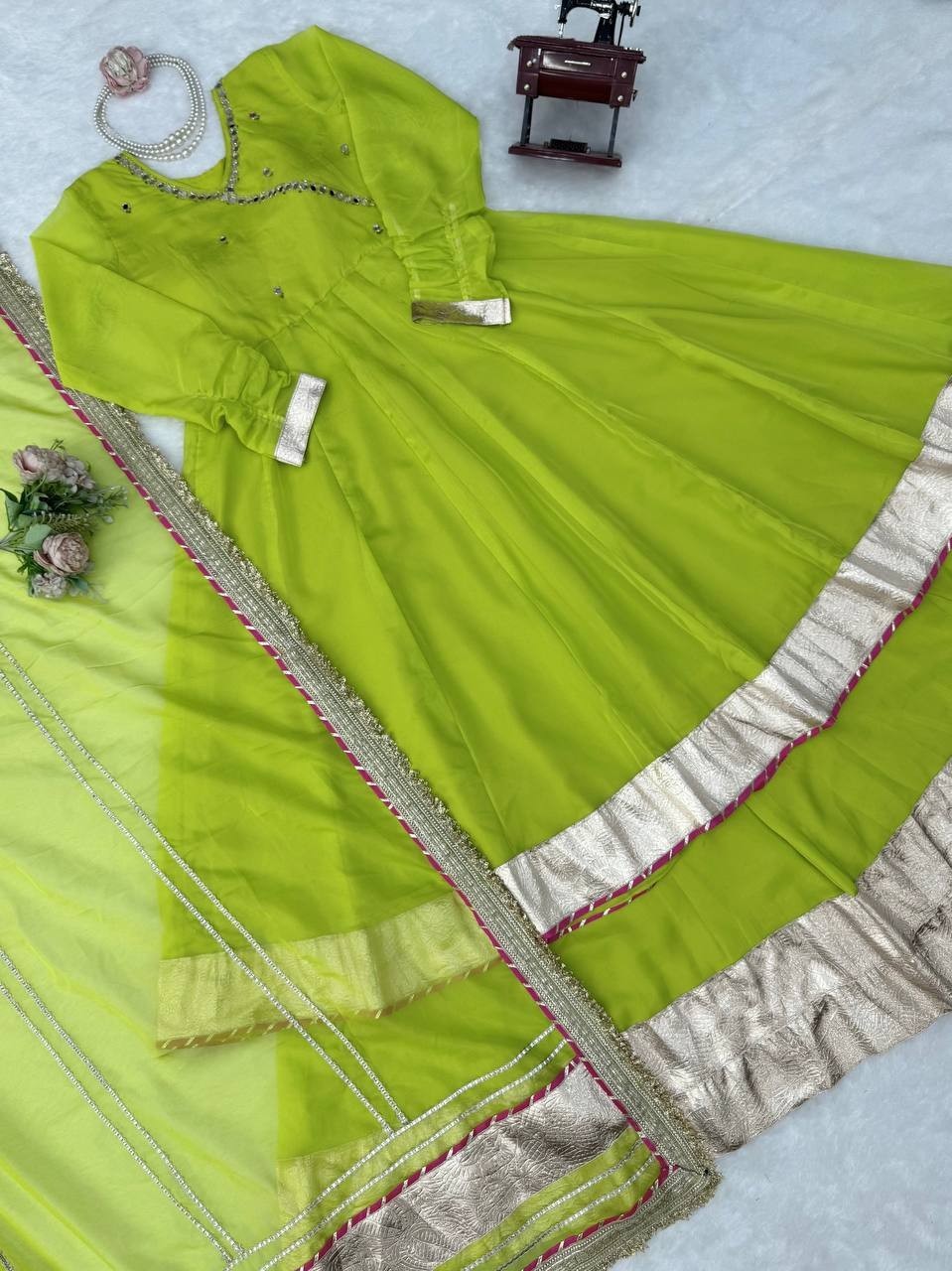 New Tabby Organza Silk Parrot Green Top Lehenga With Dupatta For Ethnic Wear