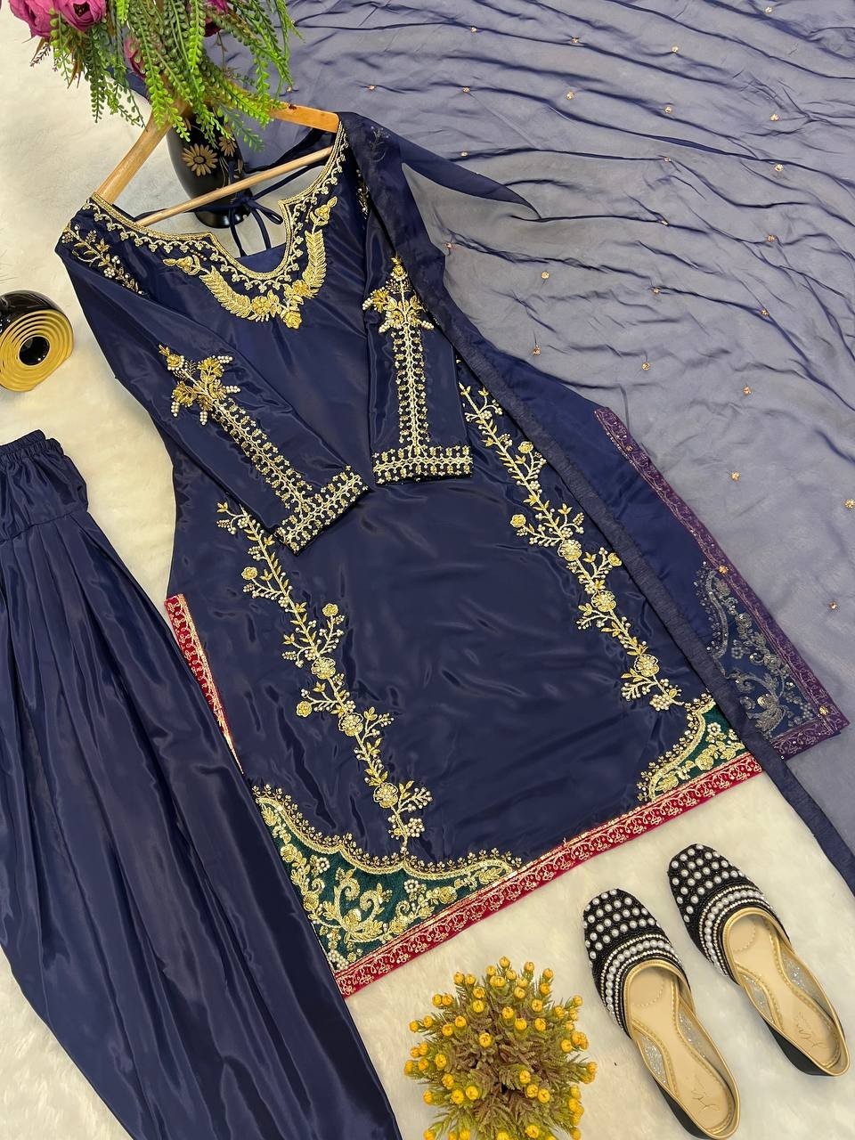Beautiful Heavy Natural Crap Blue Top Farshi Palazzo And Dupatta For Festive