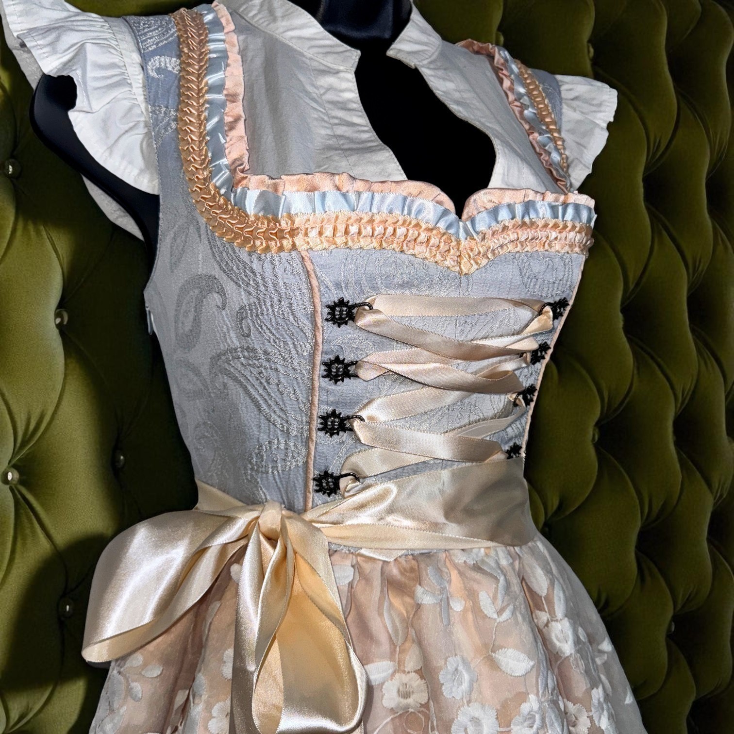 S Dirndl Dress German Austrian Oktoberfest Party Lace Floral Light Blue Beige