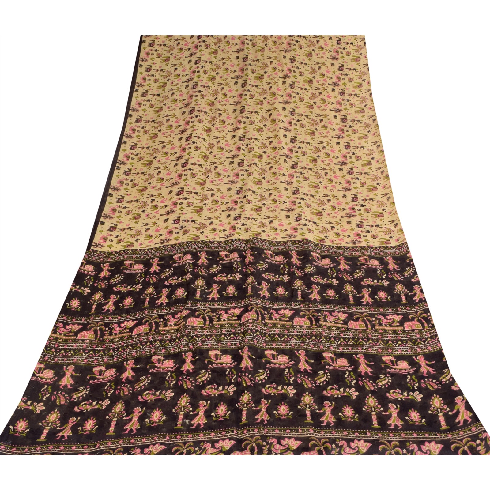 Sanskriti Vintage Sarees Ivory Pure Cotton Animal Human Printed Sari 5+Yd Fabric