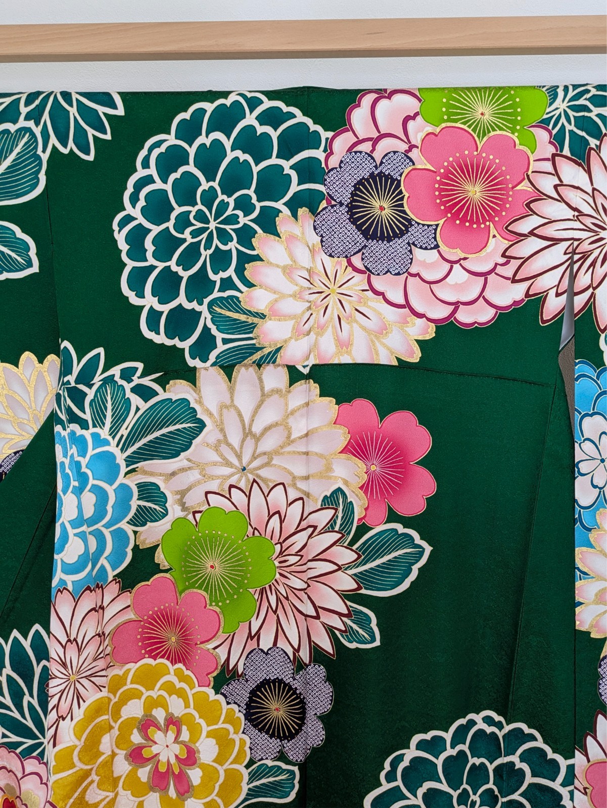 Japanese Kimono Silk Furisode Green Gorgeous Colored Floral Big SIze Textile Art