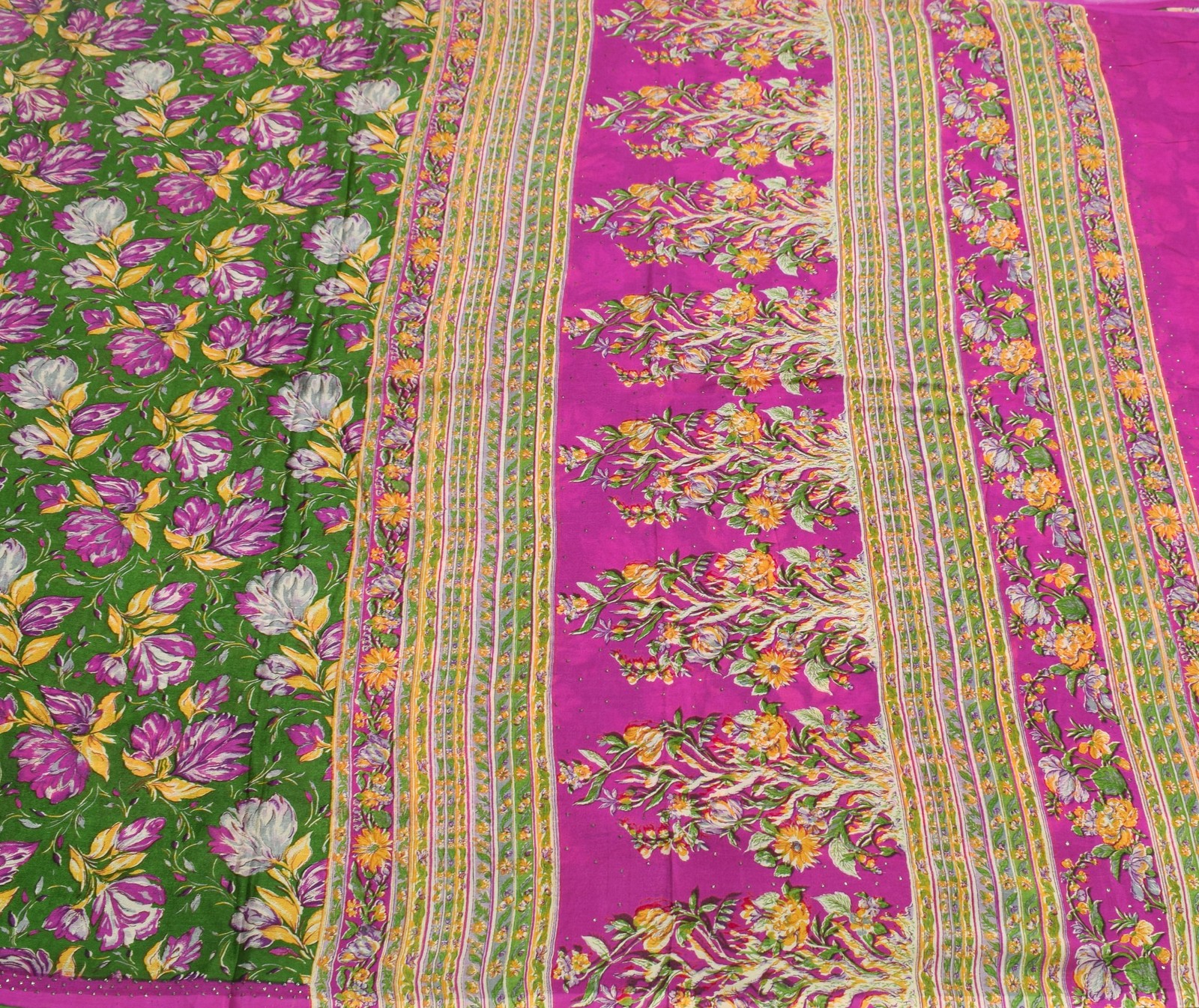 Sushila Vintage Green Magenta Saree Floral Pure Silk Printed Soft Craft Fabric