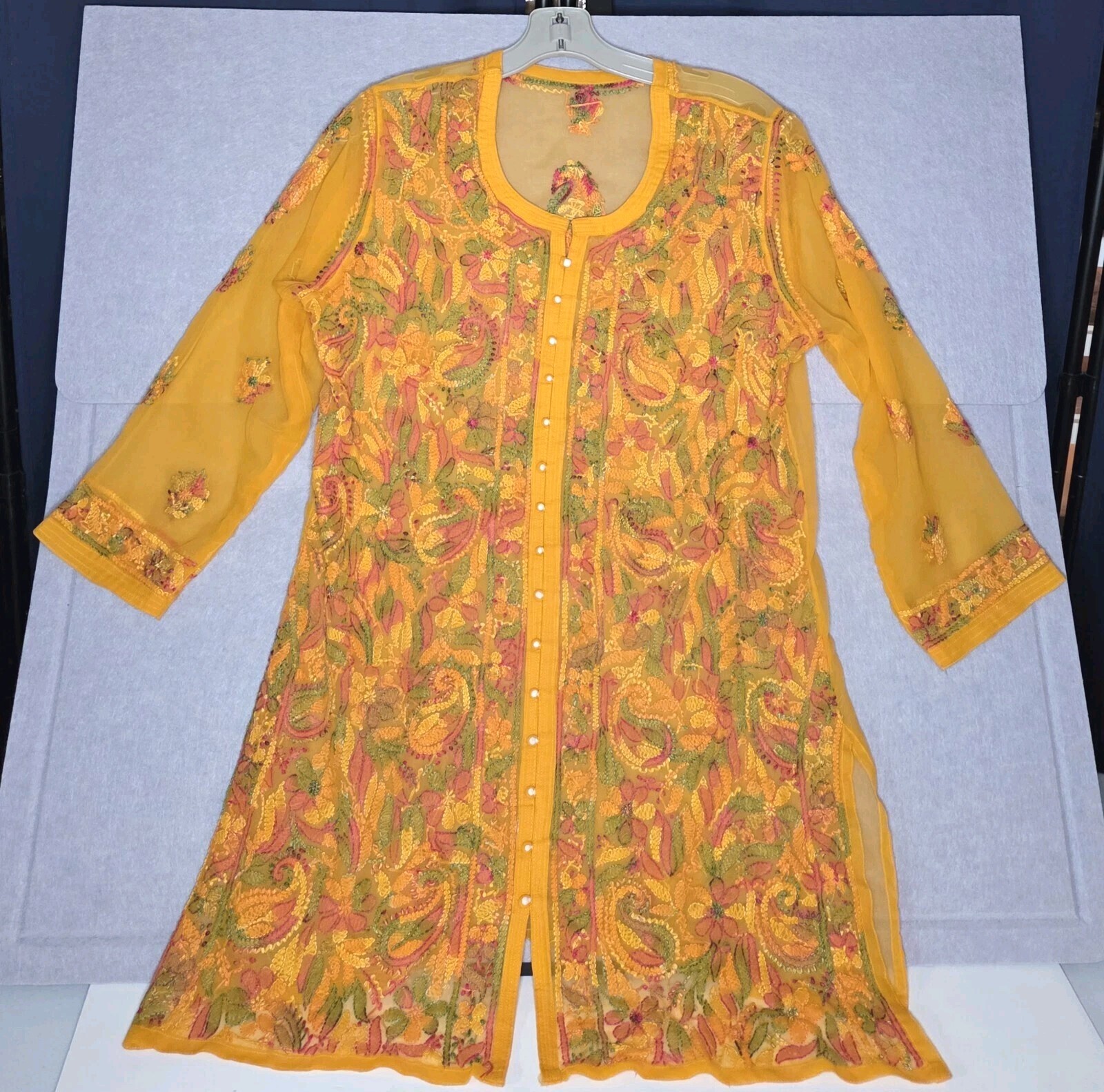 Bollywood Pakistani/India Kurta Sheer Embroided Pull Over Orange Floral Design