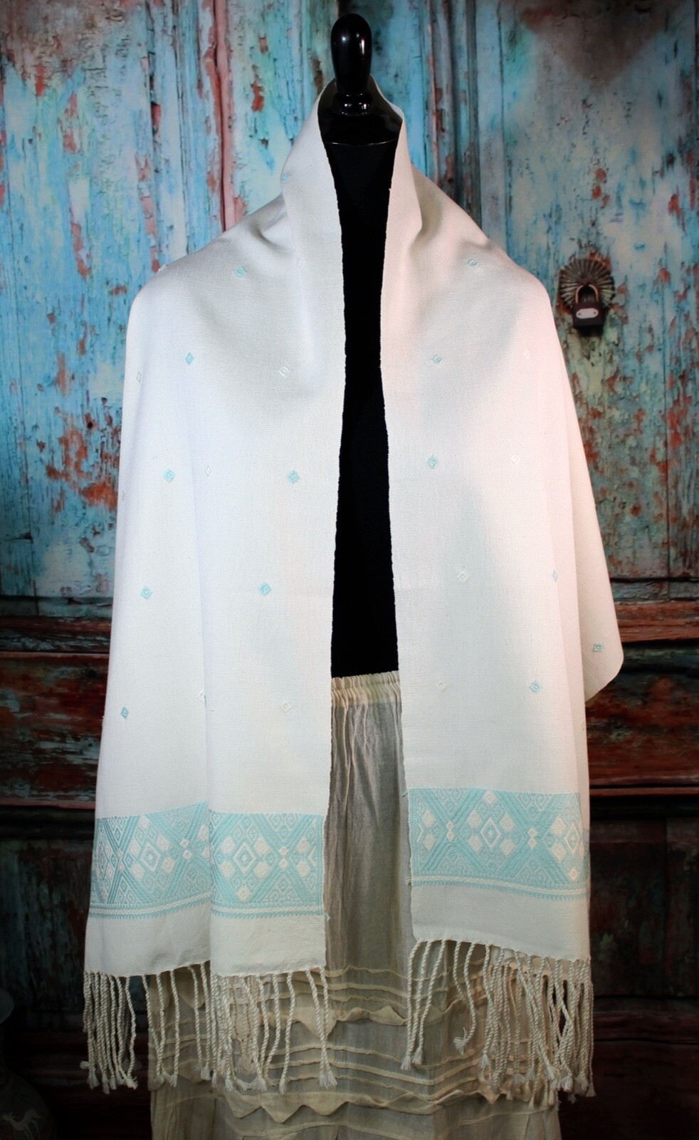 Rebozo Shawl Wrap Aqua & Cream Hand Woven Backstrap Loom Mayan Chiapas Mexican