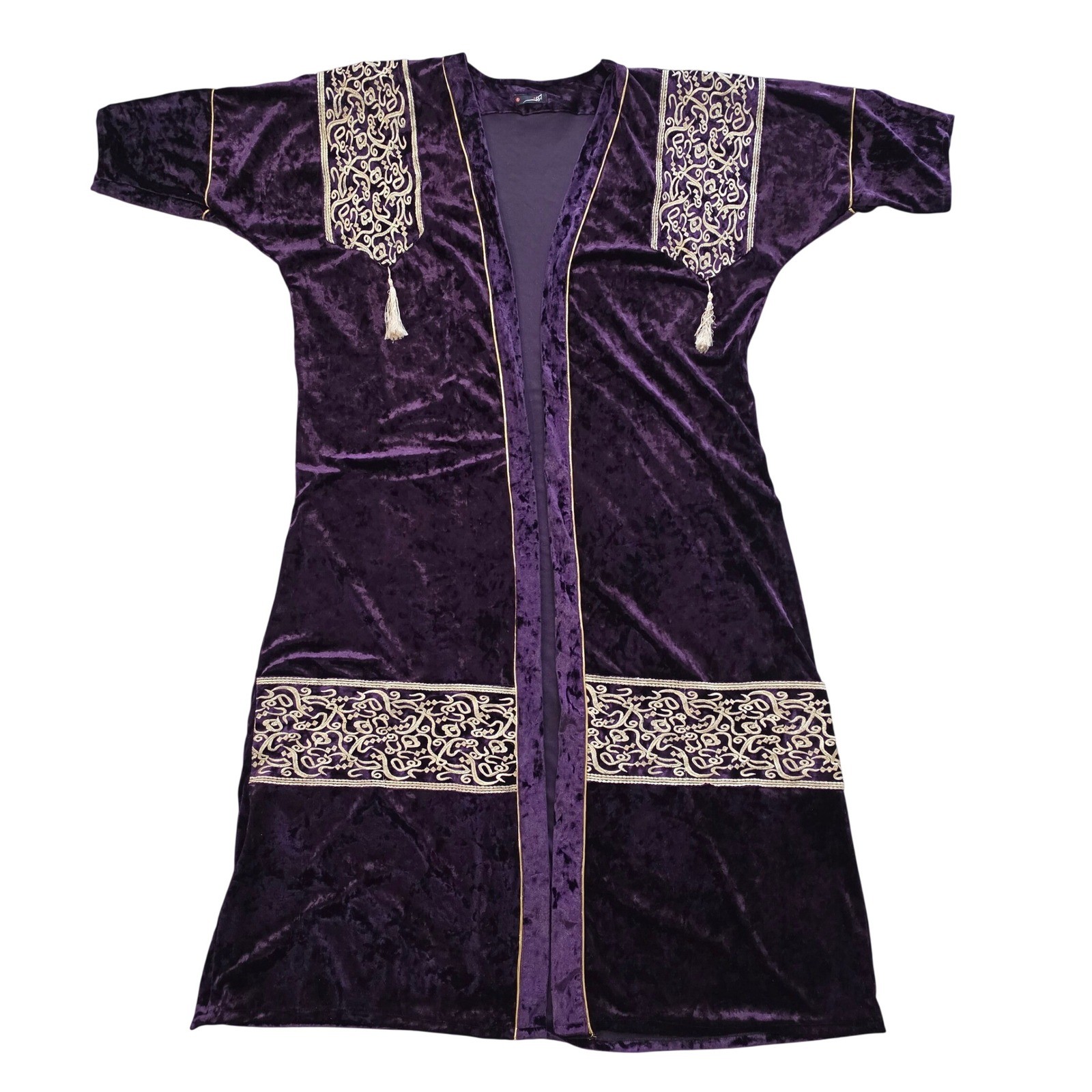 Arwa Purple Crushed Velvet Embroidered Kaftan Robe Gold Tassel Open Front Mens L