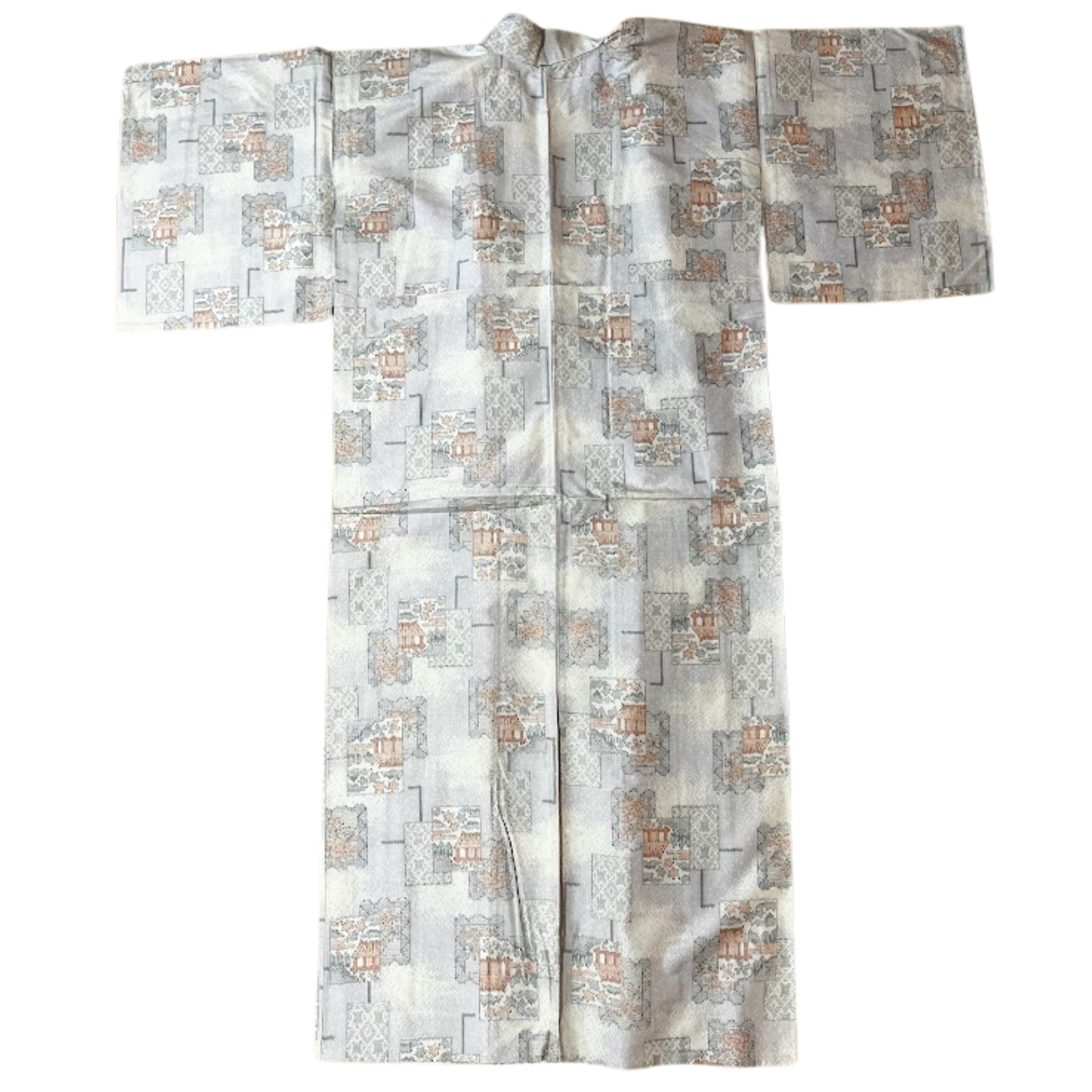 Vintage Japanese Kimono Gray Ivory Pattern Woman Polyester Yukata