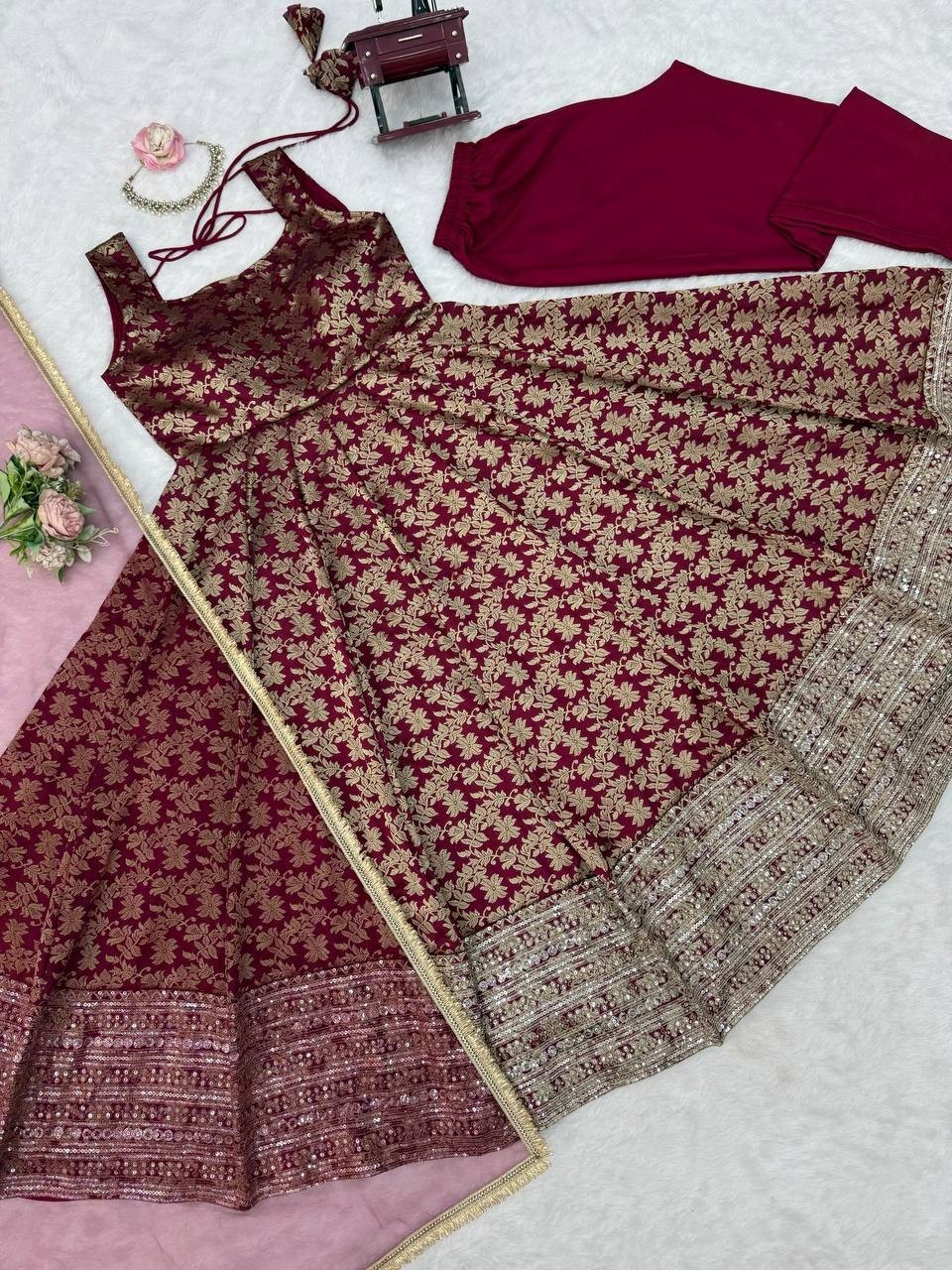 Beautiful Maroon Chanderi Jacquard Anarkali Suit With Dupatta For Wedding Wear