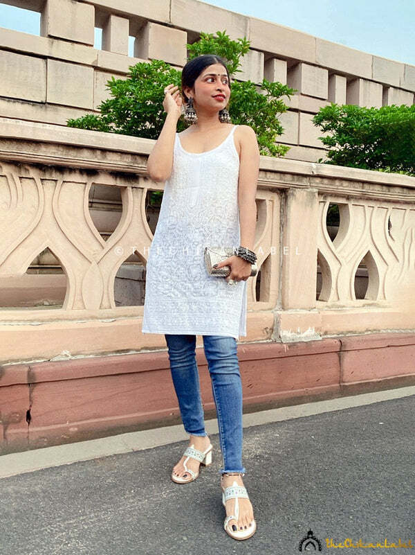 White Jia Viscose Chikankari Strappy Short Kurta Lucknow Chikankari Handmade