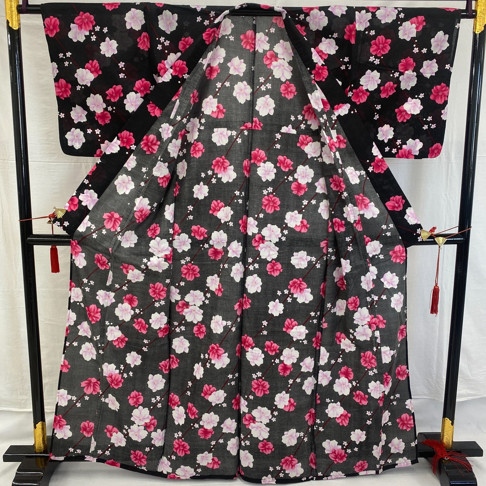 Japanese Vintage Kimono Yukata Cotton Black No Lining Traditional Length 63 in