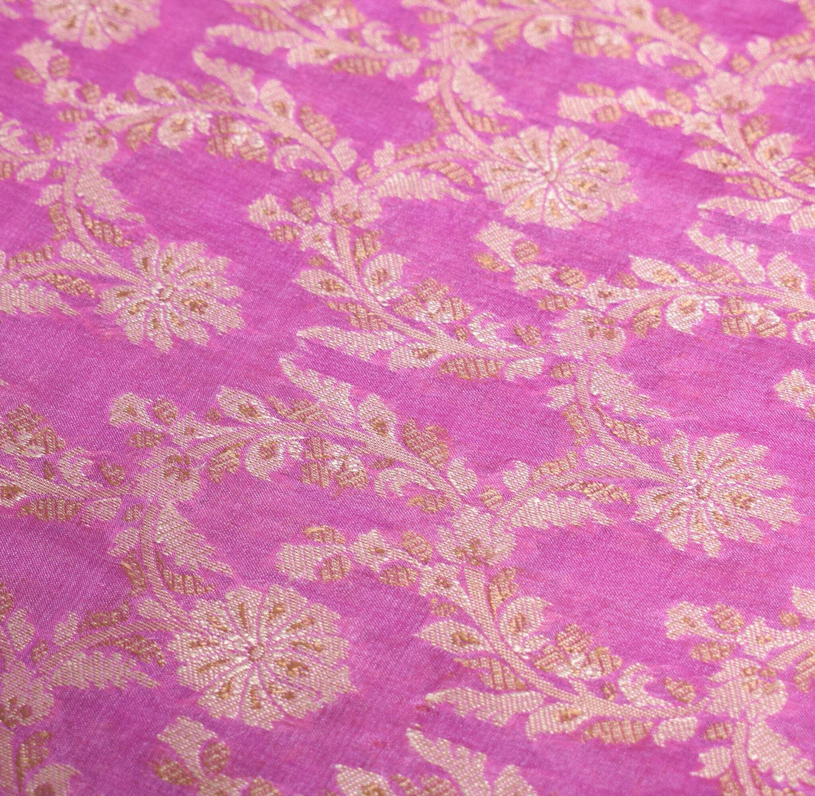 Sushila Vintage Fuchsia Pink Saree Pure Tussar Silk Floral Woven Sari Fabric