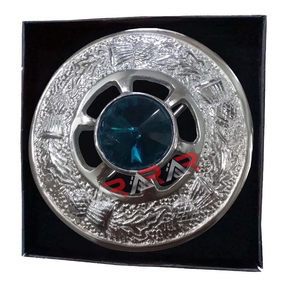 Ladies Brooch Highland Scottish Brand AAR Kilt Fly Plaid Sea Green Stone Size 2″