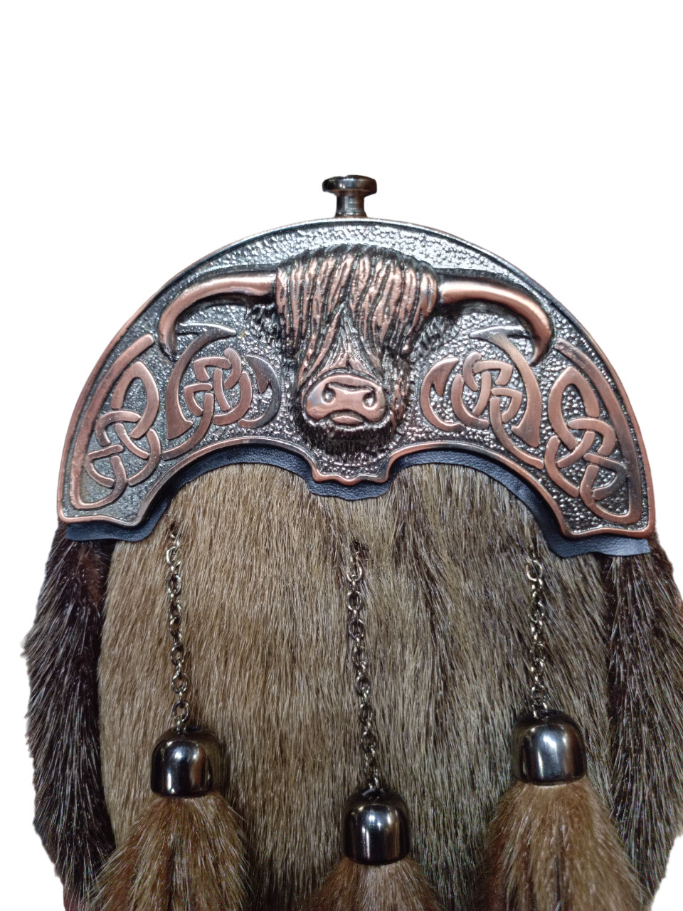Scottish Chocolate Bronze Cantle Highland Cow Full Dress Sporran With Chain Belt