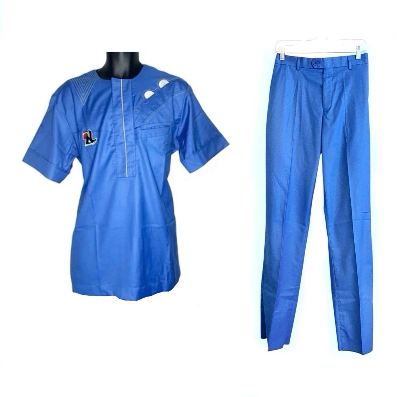African Nigerian Senator Style Blue Top & Bottom Two Piece Outfit #2