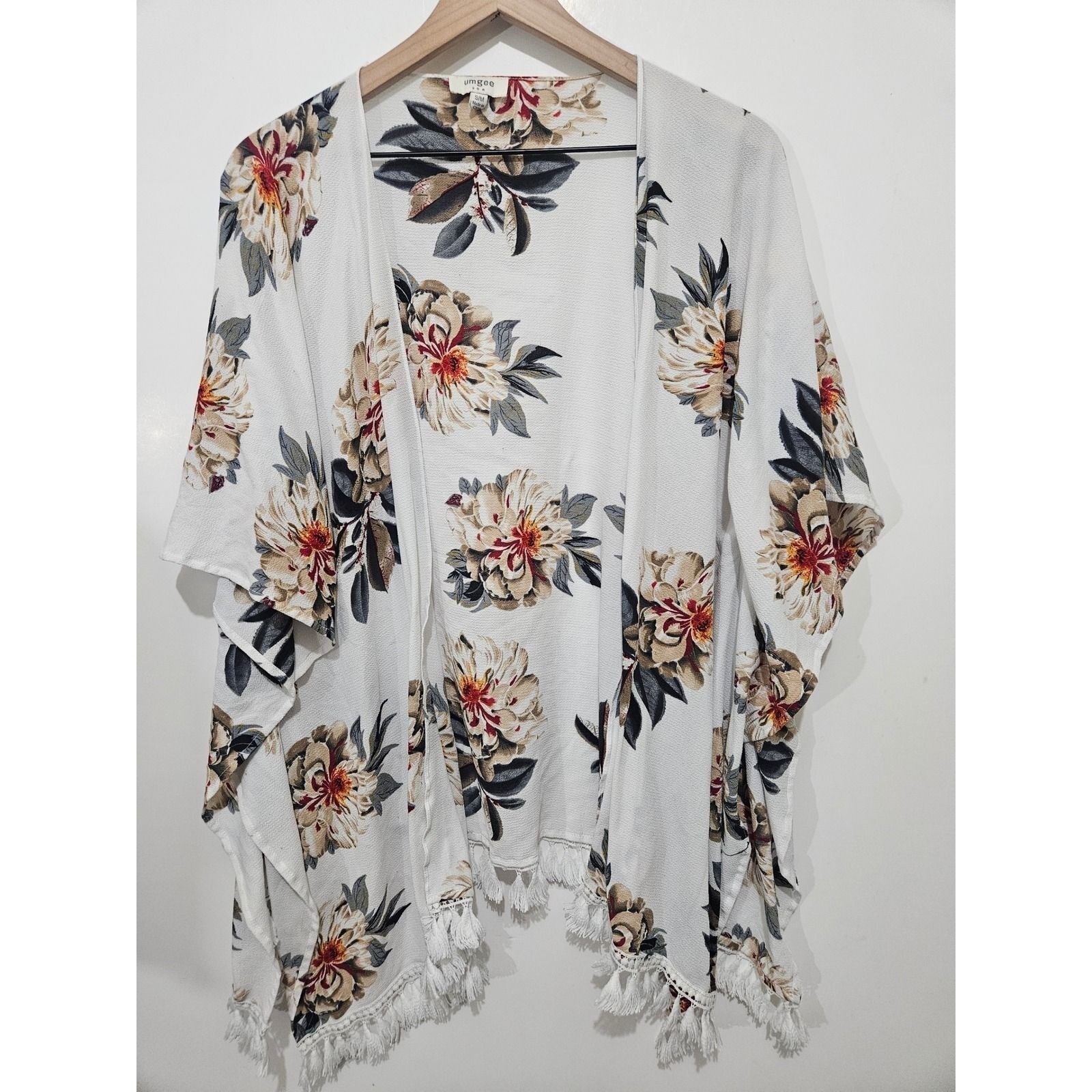 Umgee Floral Kimono Wrap Open Front Tassel Fringe Cream Small Medium