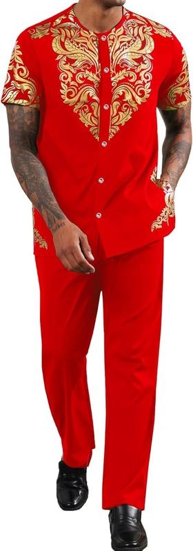 Mens African 2 Piece Set Nigerian Dashiki Metallic Short Sleeve Suit Gold Stamp