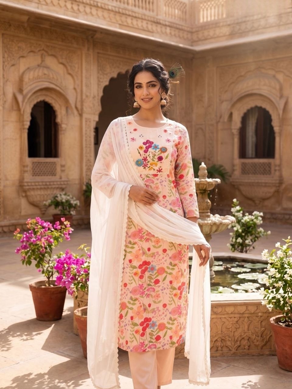 Women Designer Kurta Pant Dupatta Set Indian Bollywood Cotton Blend Kurti Dress