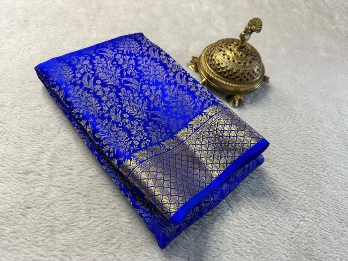Women Blue Mysore Silk Jacquard Zari Work Saree With Unstitched Blouse Piece
