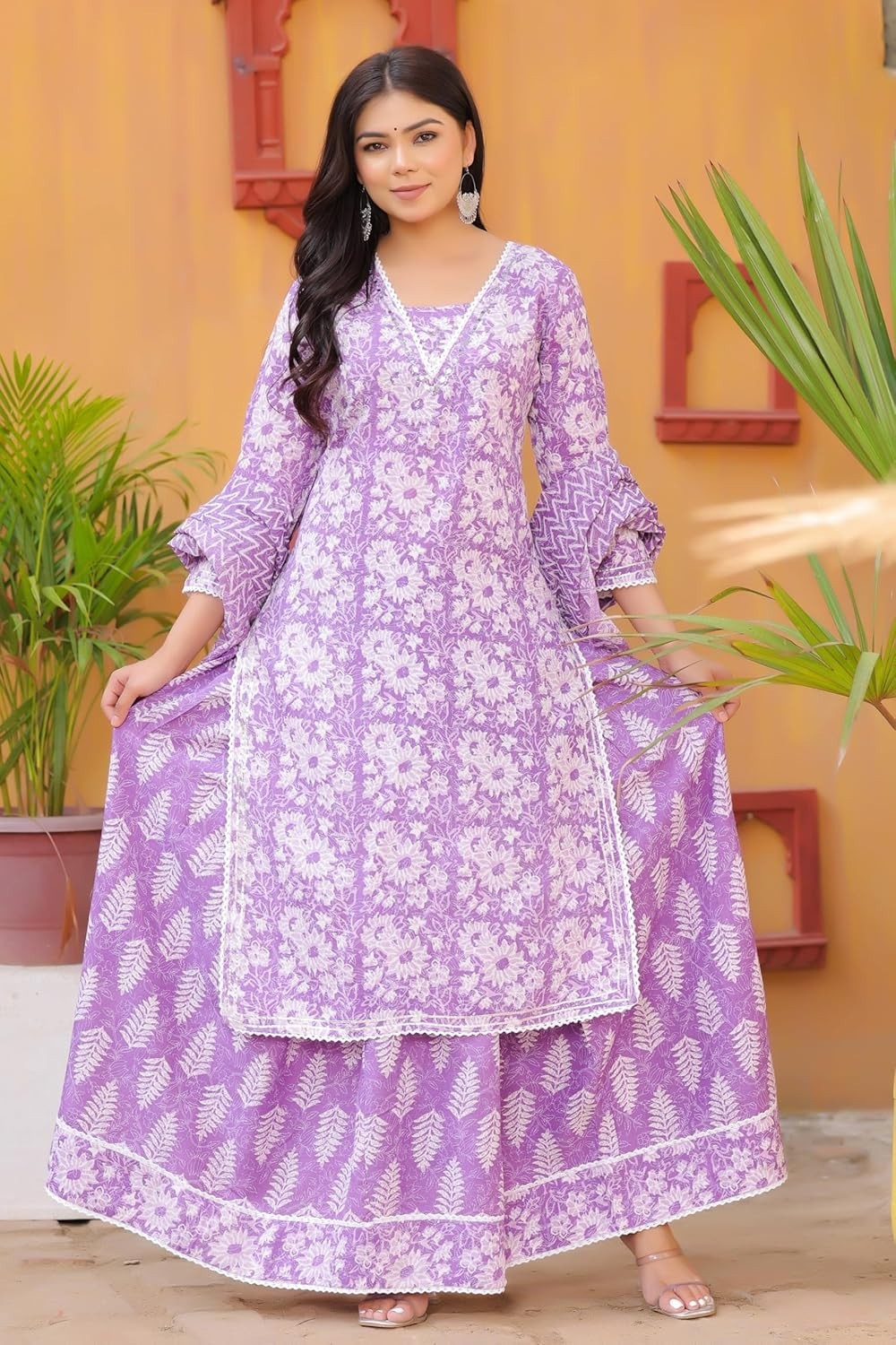 Women’s Printed Calf Length Straight Kurta & Skirt With Dupatta Set
