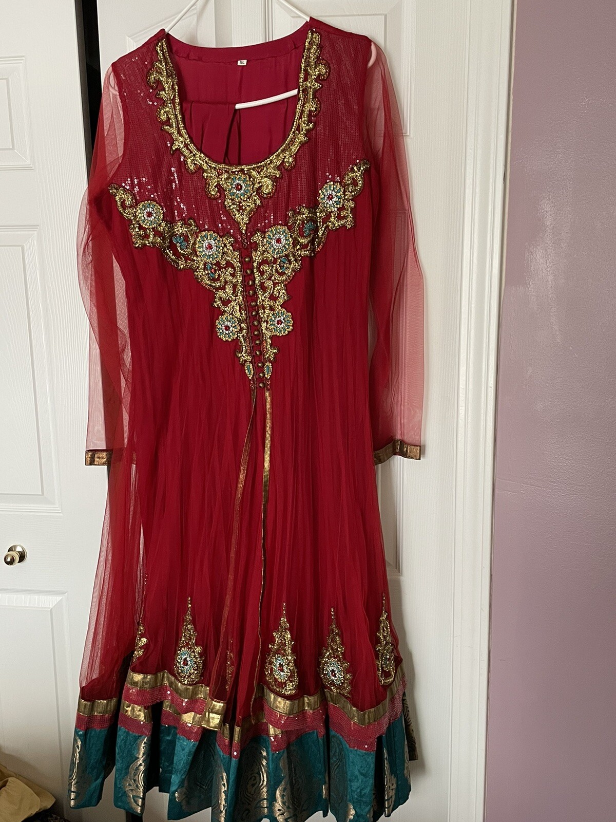 Indian Desi bridal wedding Red With gold And green Work anarkali dress