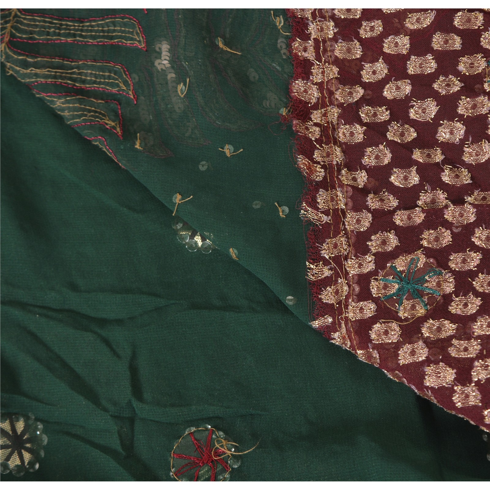 Sanskriti Vintage Green/Brown Sarees Pure Georgette Silk Hand Beaded Fabric Sari