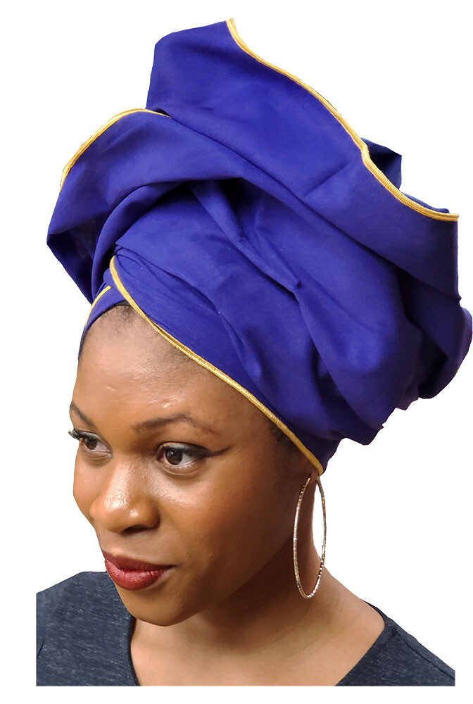 Blue African Cotton head wrap Scarf with Gold Trim DP3774