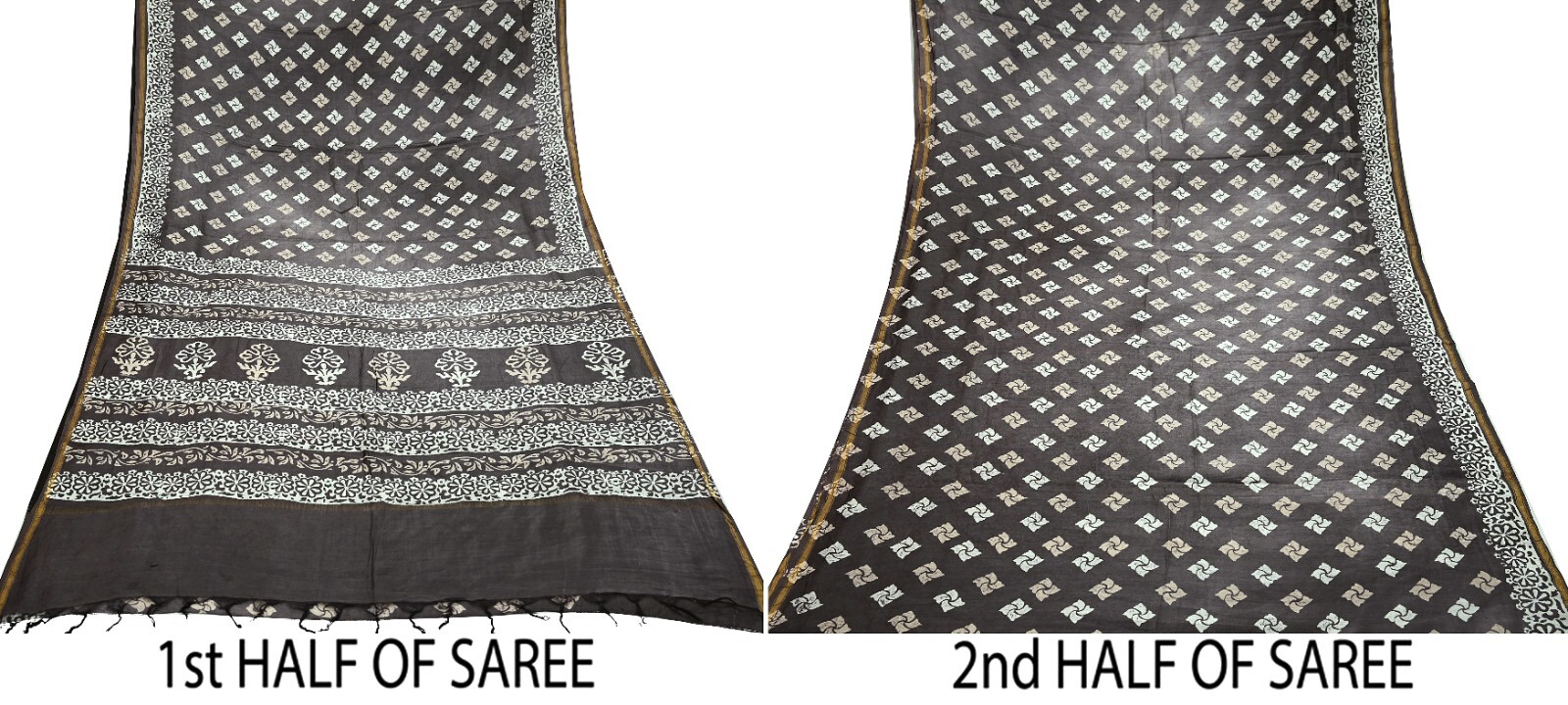 Indian Vintage Sari Brown & Ivory Pure chanderi Silk Block Printed Sarees Fabric