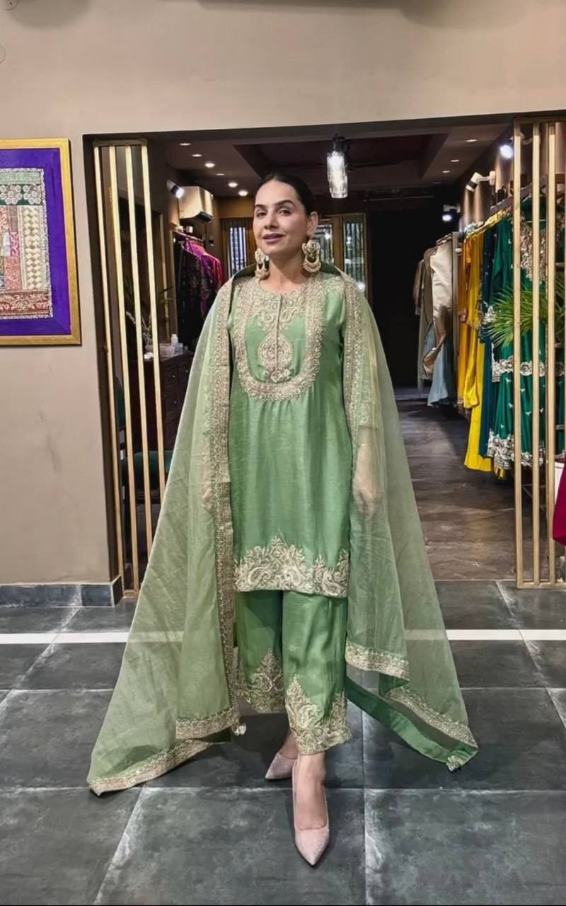 Latest New Heavy Chinon Silk Green Salwar Kameez With Dupatta For Women & Girls