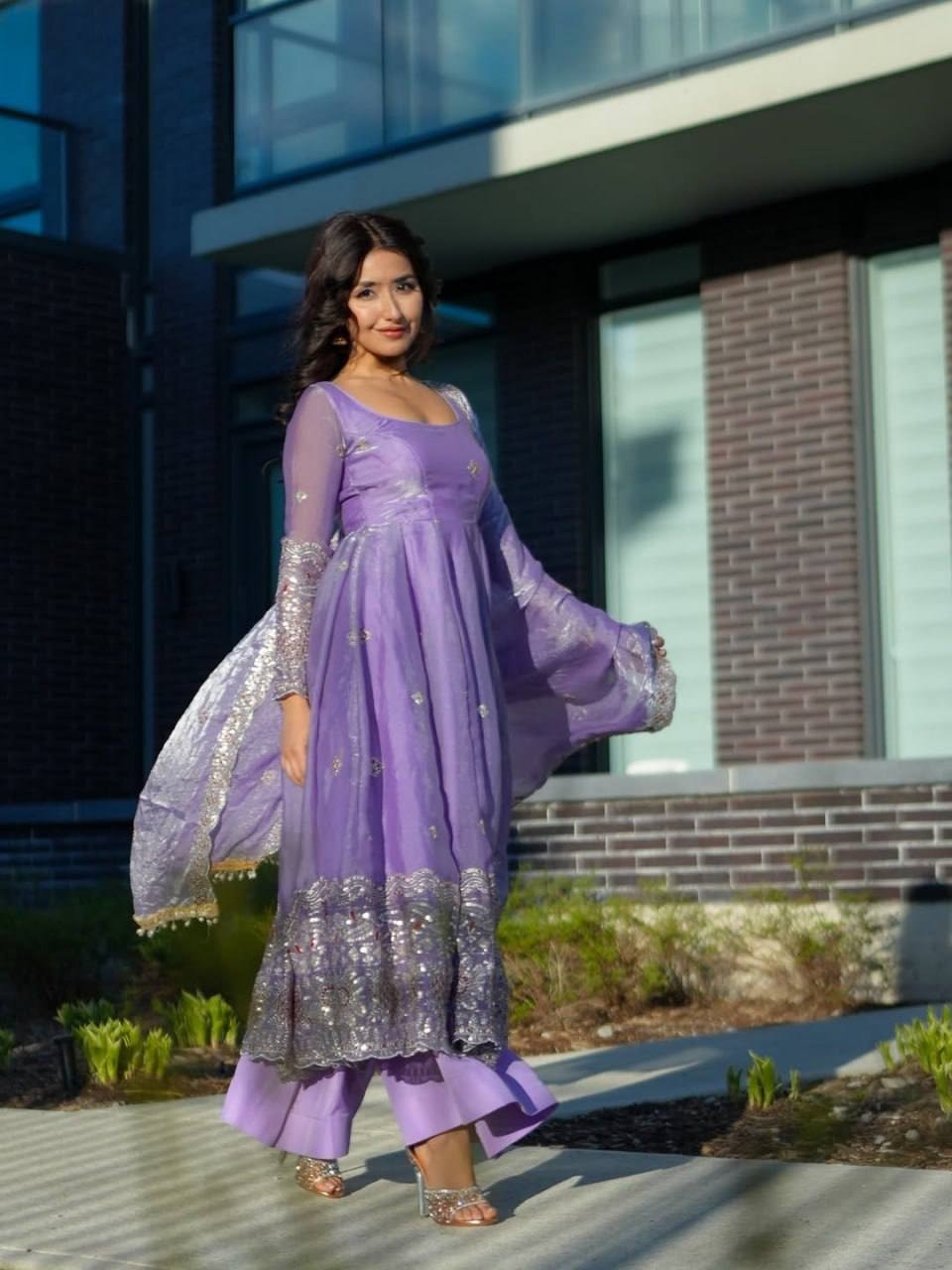 Sylish Look Lavender Silk Gown Bottom With Dupatta For Indian Wedding Wear