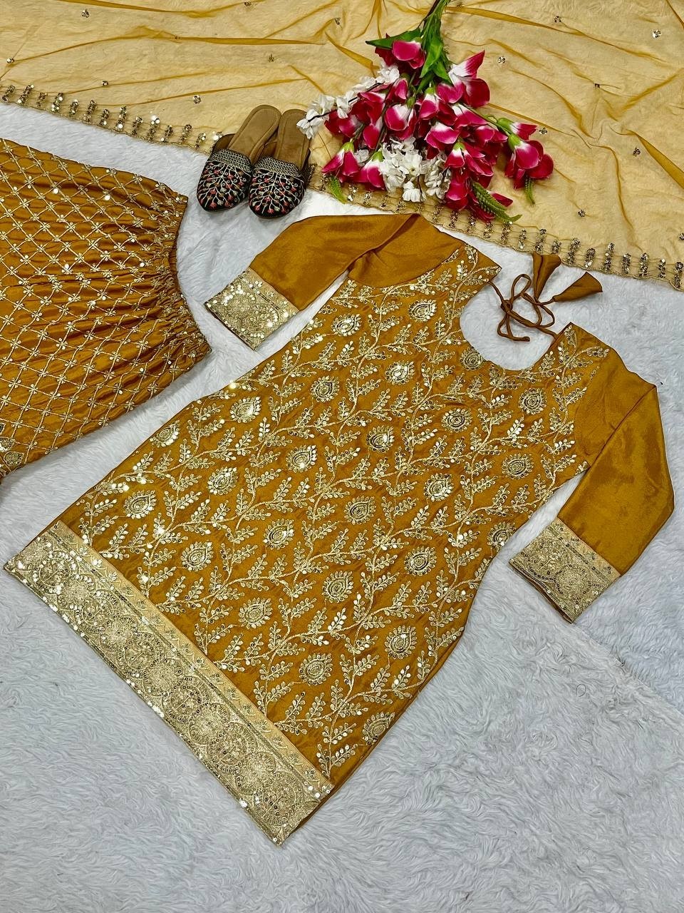 New Presenting Yellow Chinon Silk Kurta Palazzo With Net Dupatta For Women