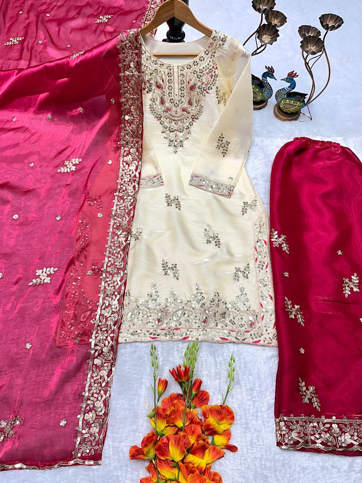 Stunning Heavy Silk Top Palazzo With Pink Dupatta For Women Party Wear