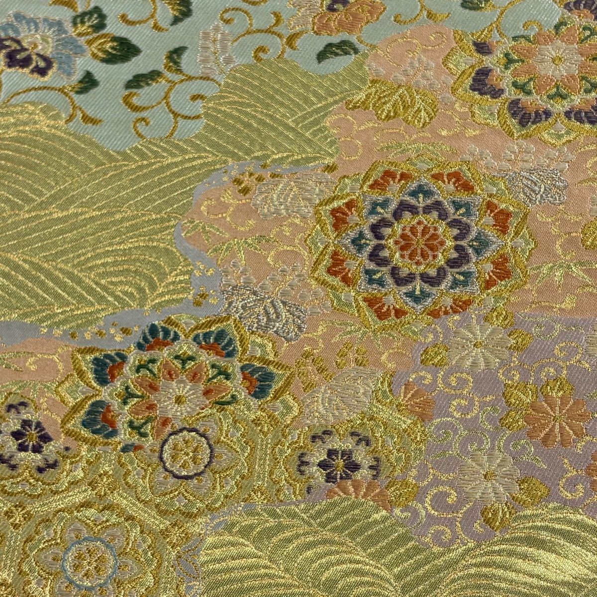 Fukuro Obi Six Panel Gold Silver Thread Foil Floral Medallion Wave Gold Silk