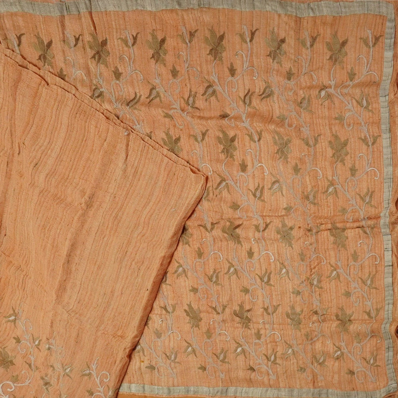 Vintage Orange Sarees 100% Pure Silk Handloom Khadi Sari Heavy Craft Fabric