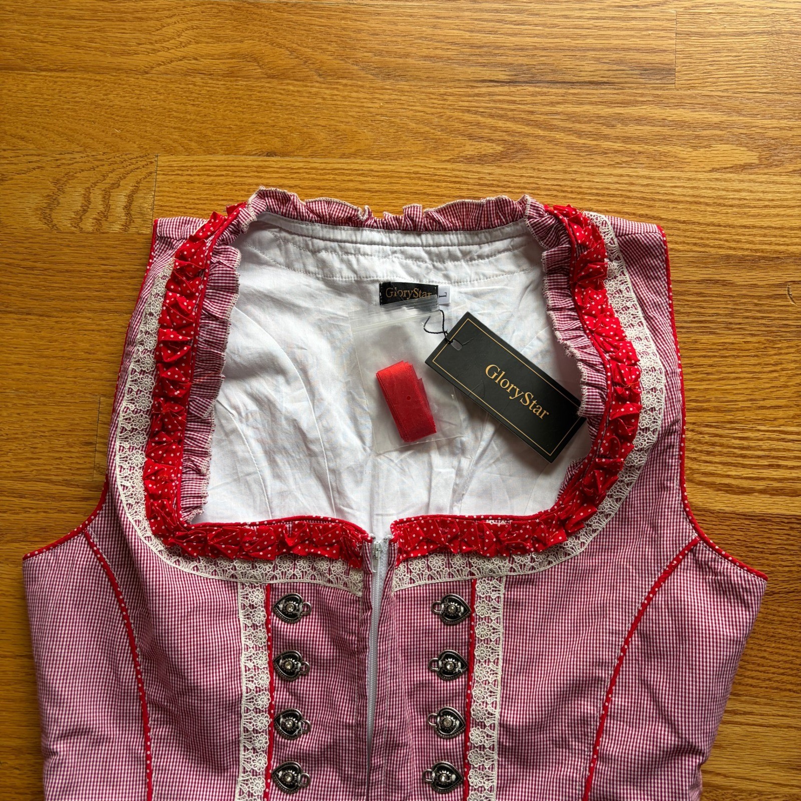 GloryStar Bavarian Red Gingham Dirndl Dress Lace Heart Buttons Oktoberfest Large