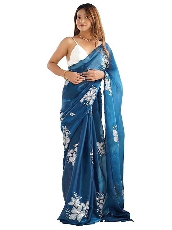 Women’s Shimmer Organza Sequence Embroidery Saree With Unstitched Blouse Piece