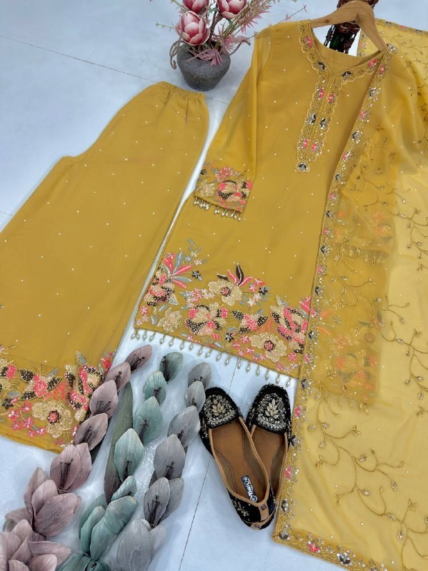 Exclusive Faux Georgette Yellow Top Palazzo With Dupatta For Festival Wear
