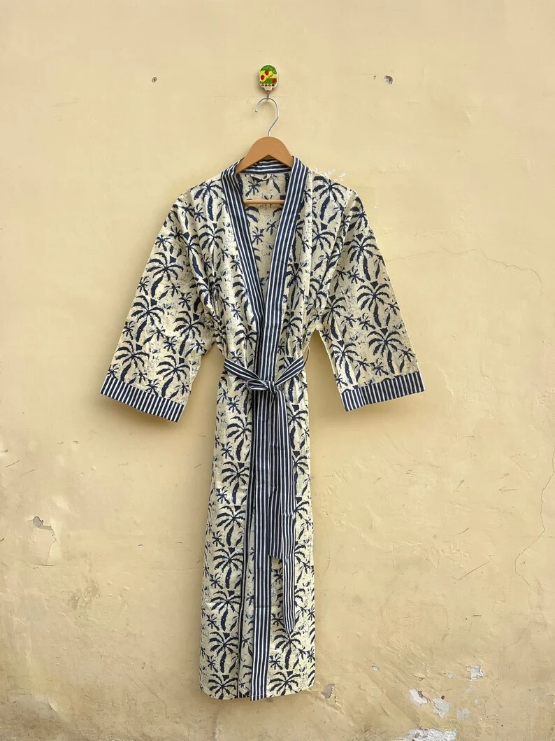 Indian Cotton Kimono Robe Blockprint Printed Beach Wear Night Long Dress Stylish