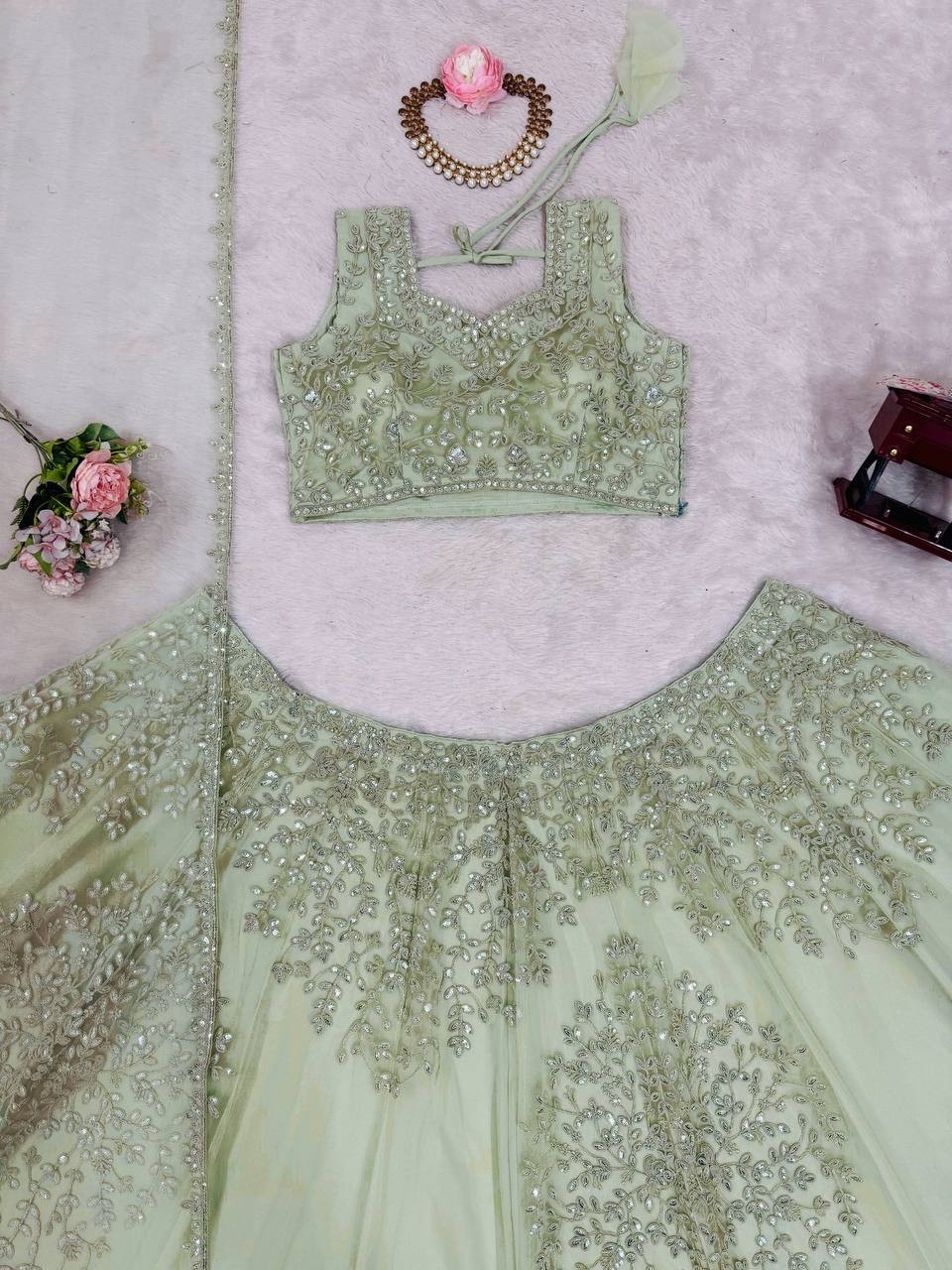 Latest Soft Butterfly Net Mint Green Lehenga Choli With Dupatta For Reception