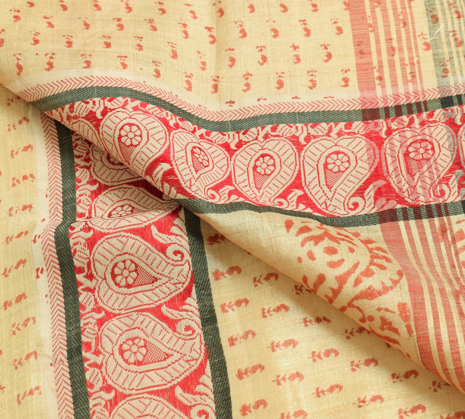 Sushila Vintage Cream Saree Pure Tussar Silk Hand Block Printed 5 Yd Sari Fabric