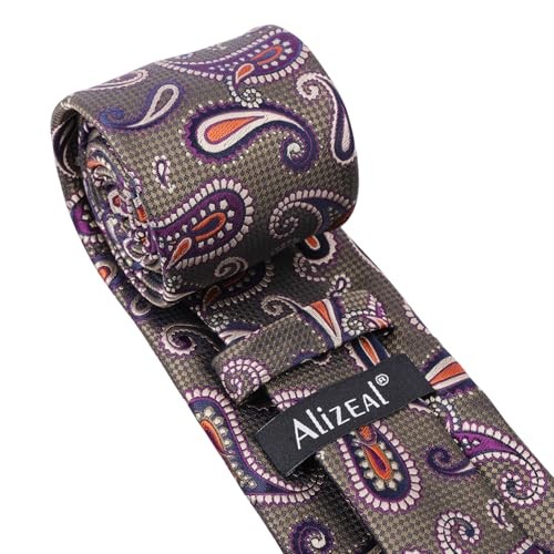 Mens Colorful Paisley Necktie and Pocket Square Sets 144-olive+purple