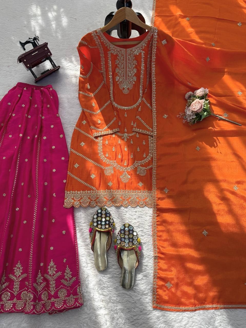 New Presenting Chinon Silk Orange Top Palazzo With Dupatta For Women & Girls