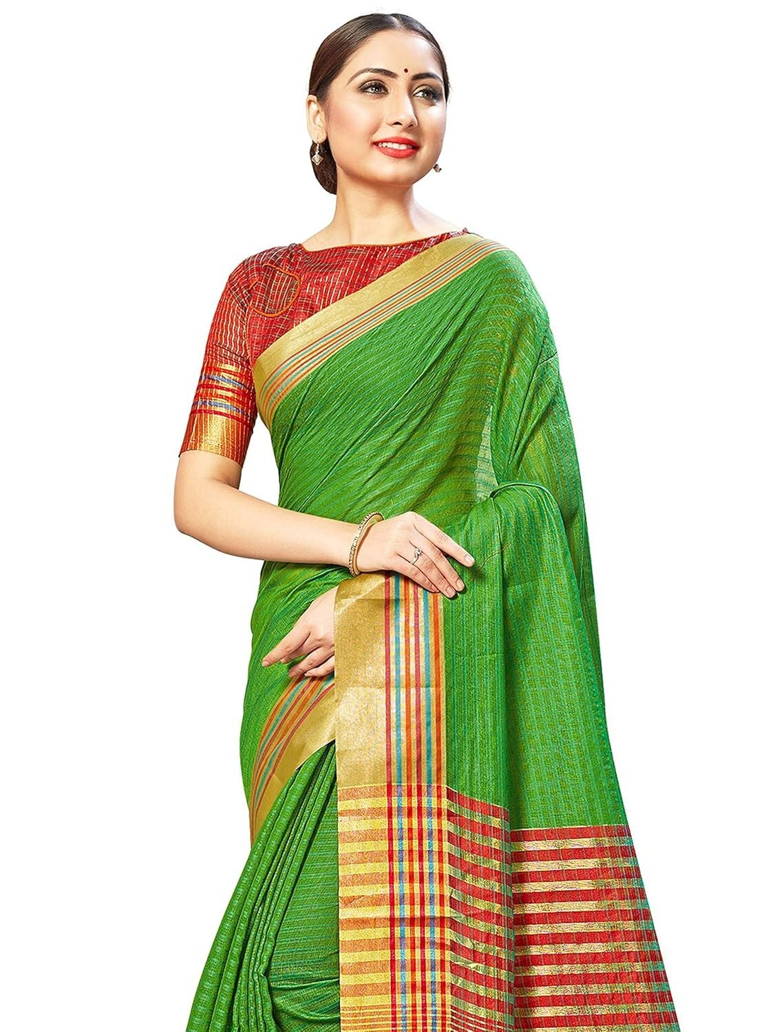 Womens Cotton Silk Blend Kota Doria Self Design Golden Zari Stripped Saree