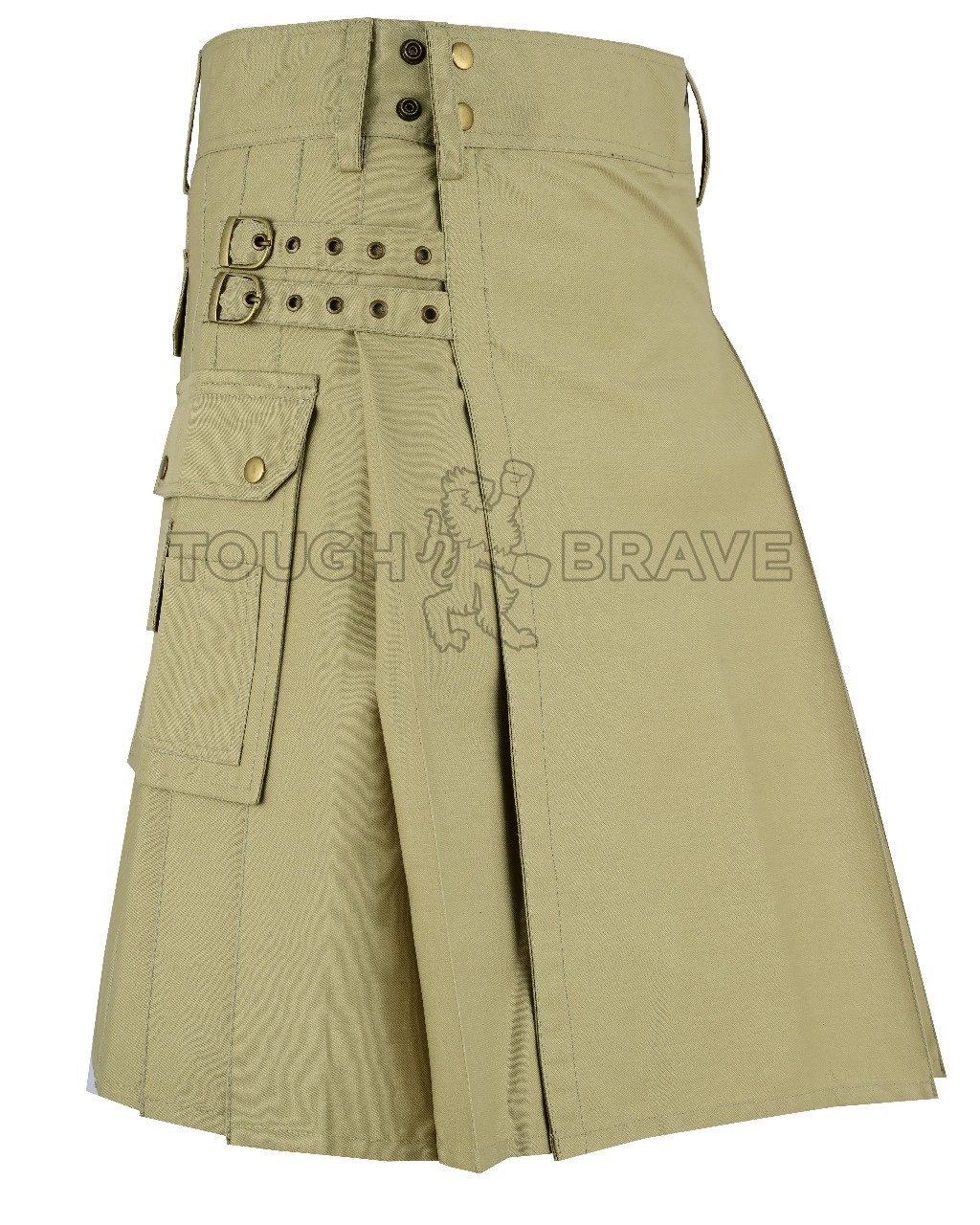 Khaki Men Utility Kilt Buckle Straps & Cargo Pocket With Skin Leather Sporran