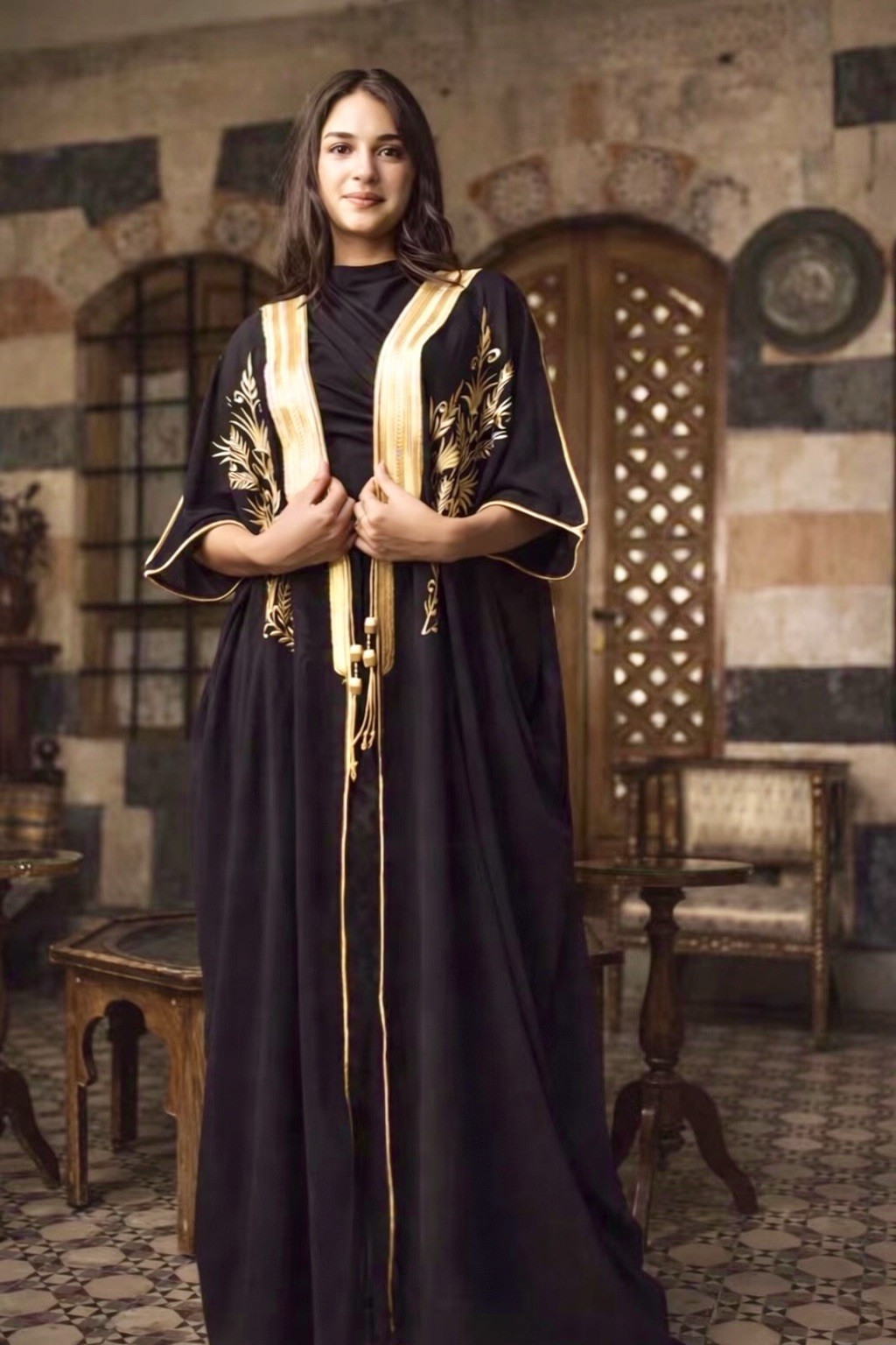 Women’s Middle Eastern Kaftan Robe Embroidered Black Gold White Blue