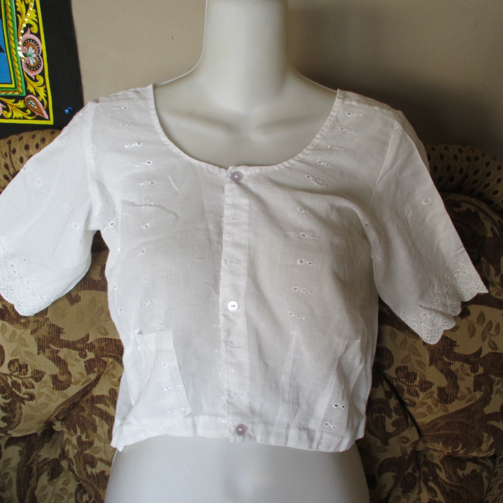 WHITE Chikankari Choli OLD Thin BLOUSE For SARI Skirt Pants TOP 34″ Bust SIZE