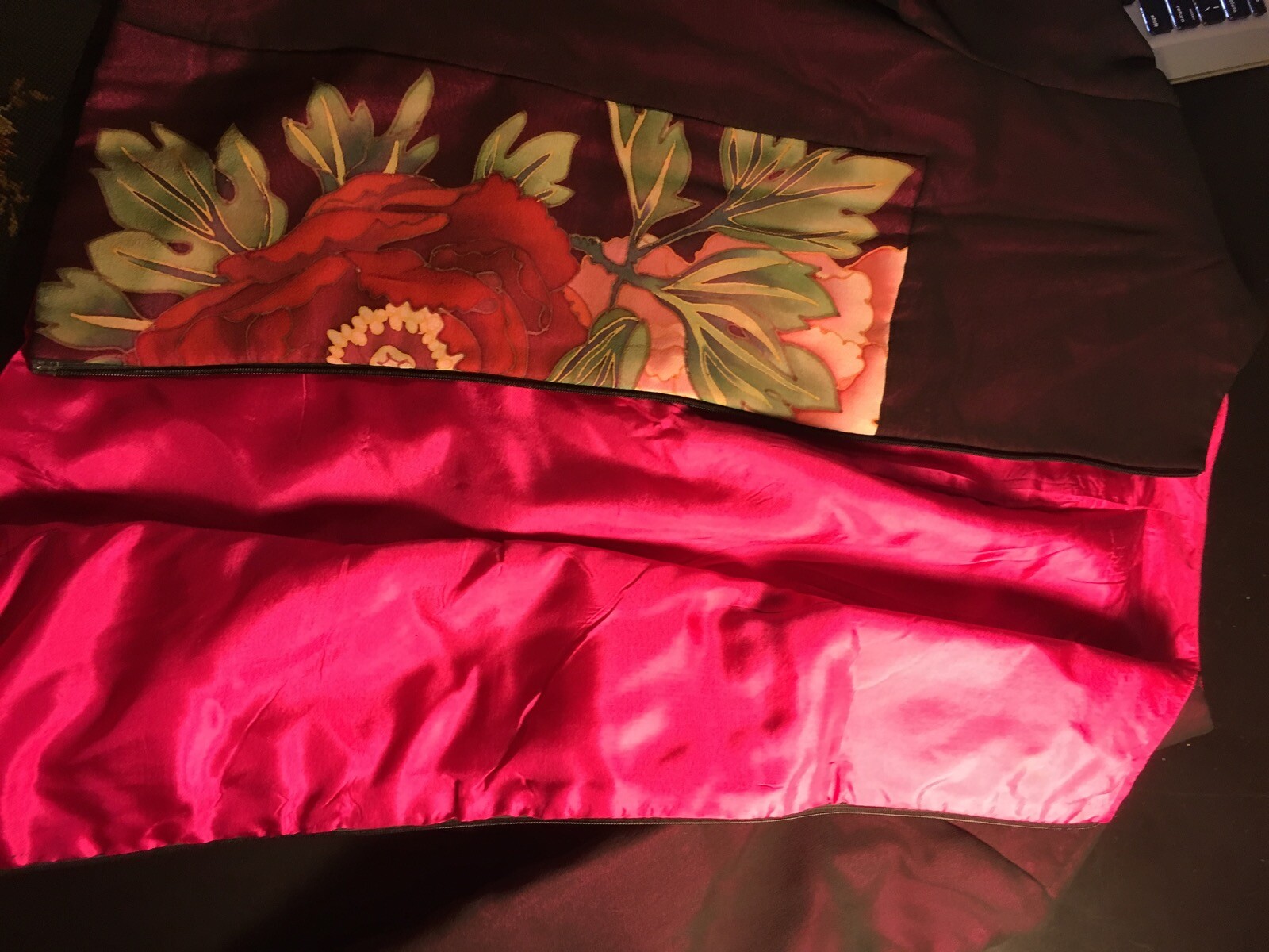 VTG Asian Pant Suit Quilted Silk Burgundy Top Pink Red Peonies Mandarin Floral S