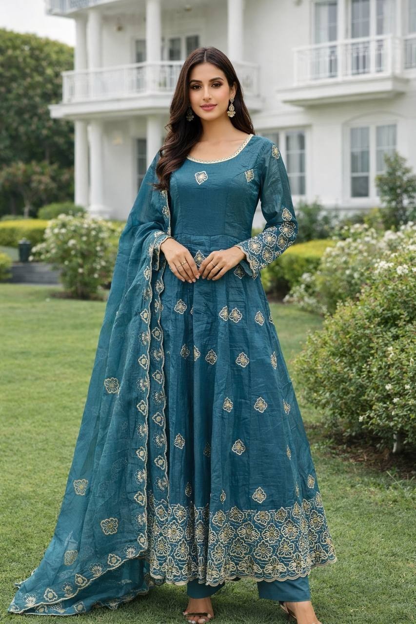 RamaBlue Gold Crush Silk Georgette Salwar Kameez Floral Designer Party Wear Suit