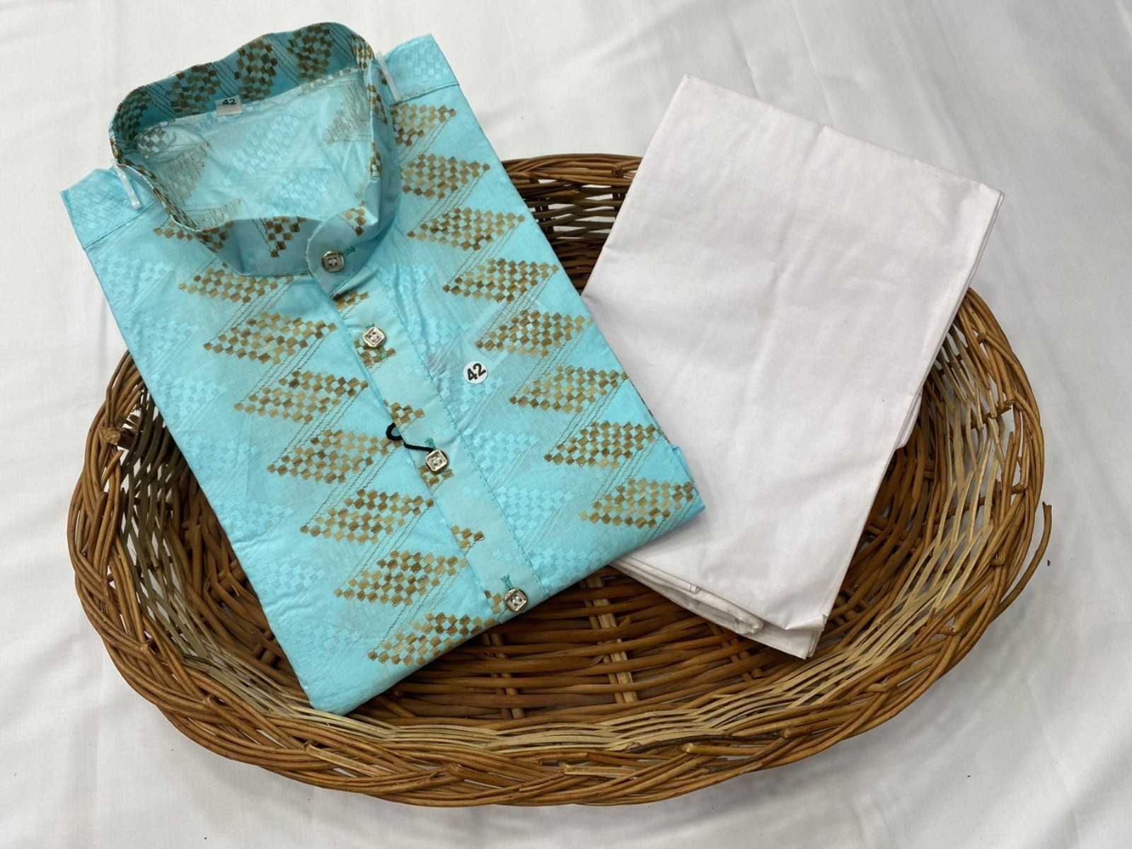 Men’s Pure Cotton Embroidered Kurta Pyjama Set Ethnic Sky Blue Wear Traditional