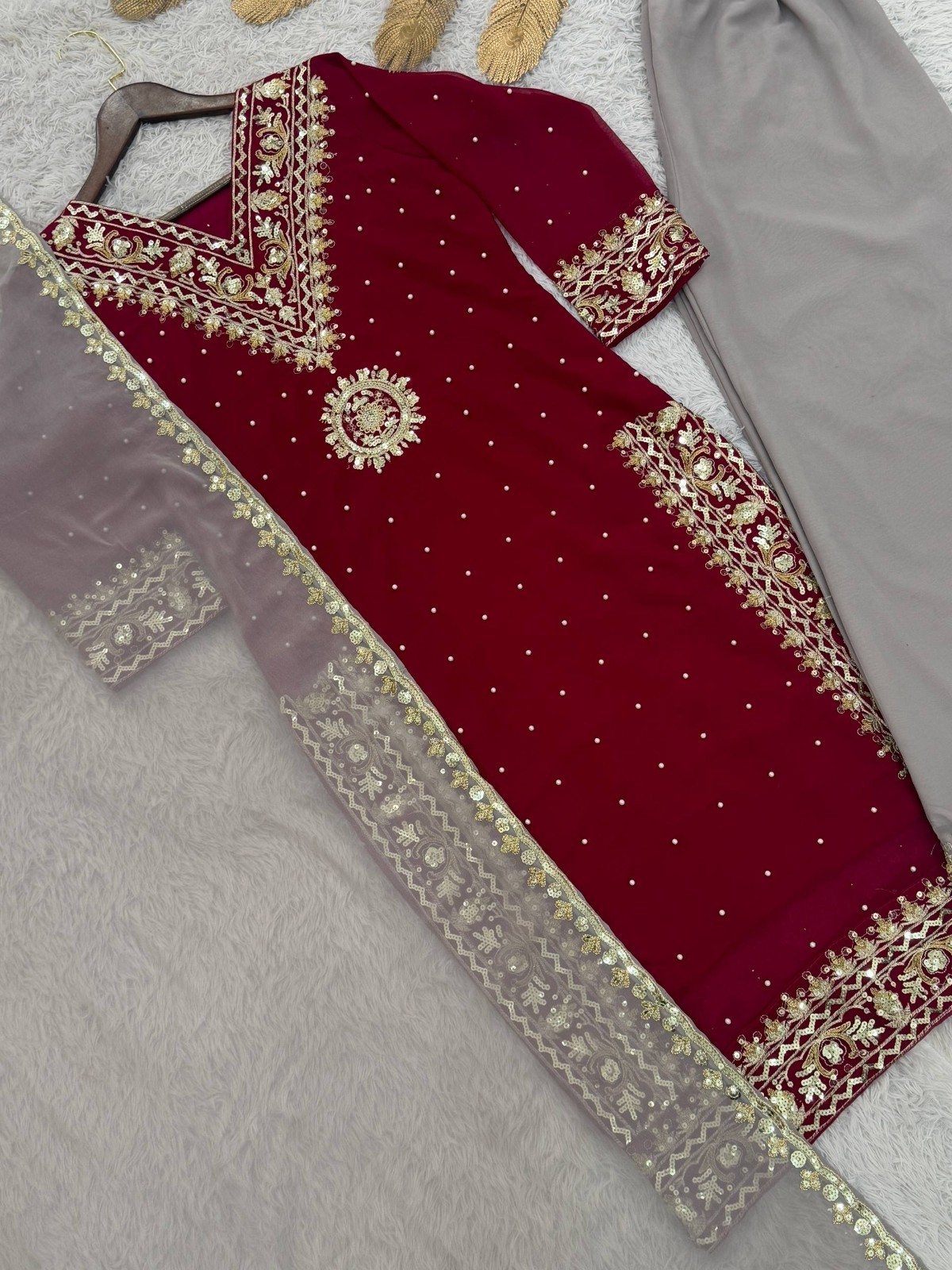 New Presenting Heavy Georgette Maroon Top Palazzo With Dupatta For Women Wear